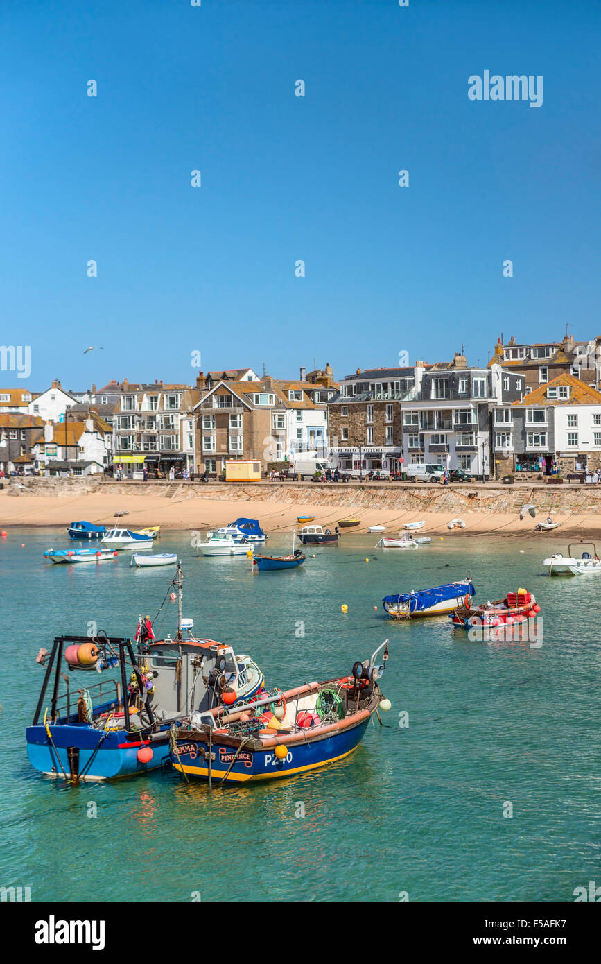 Fishing boat in the fishing harbour of St Ives, seen from Smeatons Pier, Cornwall, England, UK Stock Photo