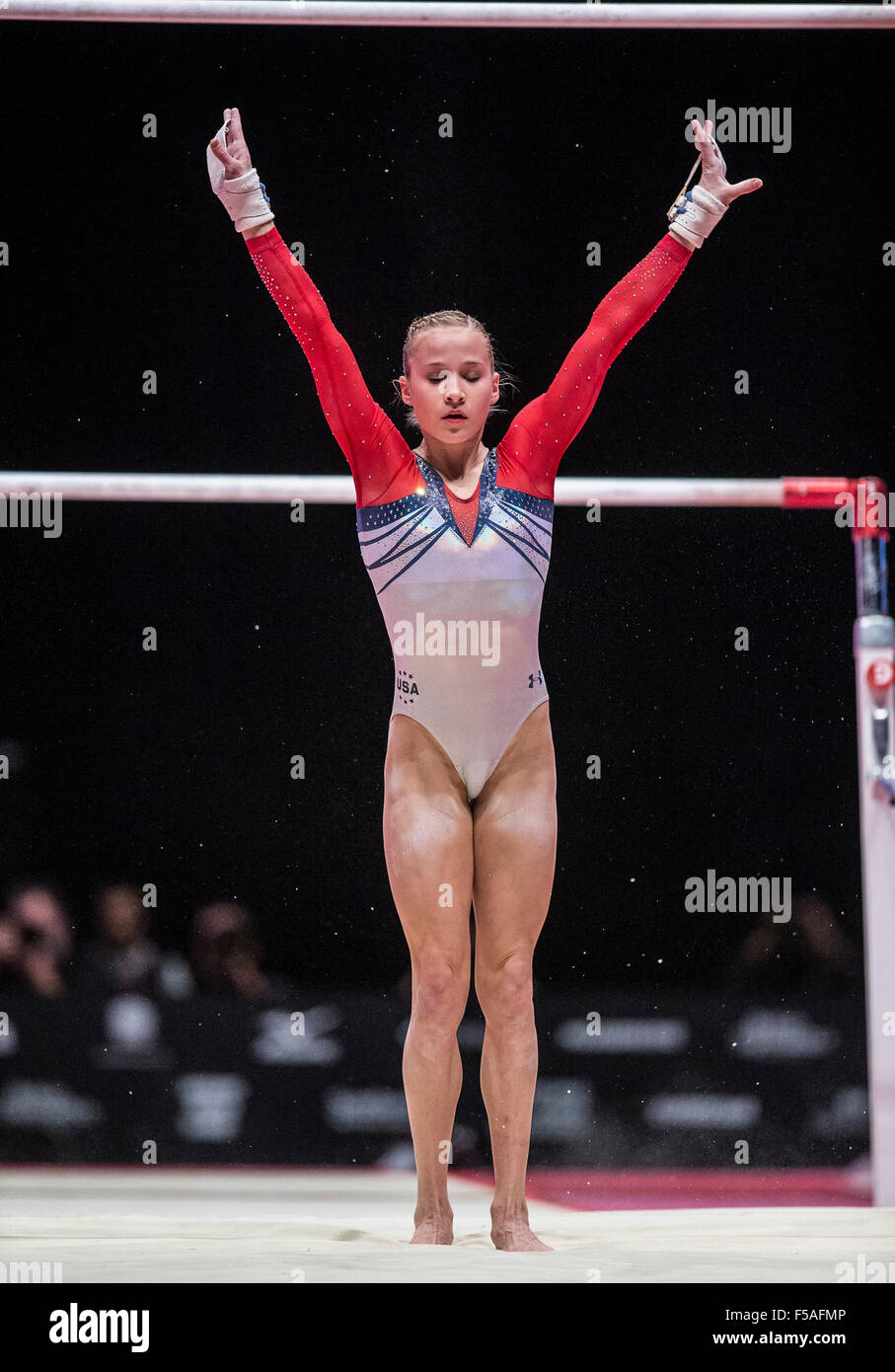 Glasgow, Scotland. 31st Oct, 2015. Madison Kocian (USA) competes in the uneven bars final at the 2015 FIG World Gymnastics Championships in Glasgow, Scotland. Kocian scored 15.366, creating a four-way tie for first with Daria Spirodonova (RUS), Victoria Komova (RUS), and Fan Yilin (CHN). Kocian trains at WOGA Gymnastics in Plano, Texas.Melissa J. Perenson/CSM/Alamy Live News Stock Photo