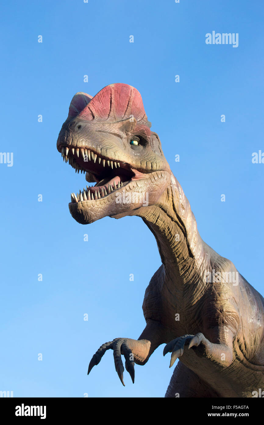 Dilophosaurus dinosaur model in a prehistoric park Stock Photo