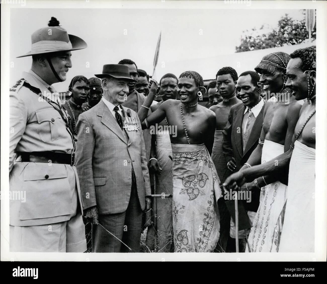1958 - King African Rifles reunion brings veterans back in tribal dress. Veterans in present day soldiers of the King African Rifles recently held a reunion at Maralal, bordering on the Northern Province, Kenya. Present was 80 years old Colonel T.O. Fitzgerald, a pioneer of the regiment since 1906, made commander of the 3rd King African Rifles in 1915. Picture Shows: Colonel T.O. Fitzgerald with some other veterans of the K.A.R. who came back for the reunion in their Samburu tribal dress. On left is Capt. R.A. Cobbing of the 3rd K.A.R. (Pic issued December, 1958) (Credit Image: © Keyston Stock Photo