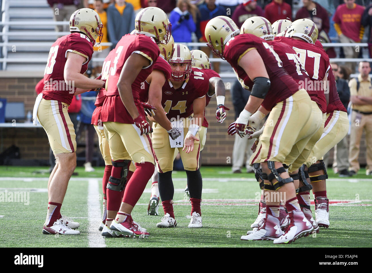 Saturday, October 31, 2015: Boston College Eagles quarterback John Fadule (14) breaks the huddle during the NCAA division 1 football game between the Virginia Tech Hokies and the the Boston College Eagles held at Alumni Stadium in Chestnut Hill, Massachusetts. Virginia Tech defeats Boston College 26-10. Eric Canha/CSM Stock Photo