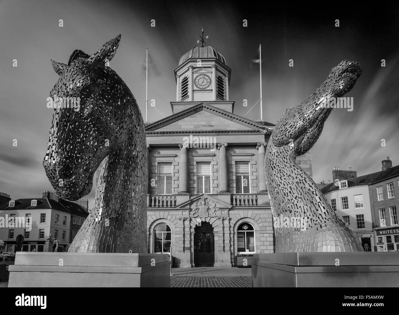 The 'mini Kelpies' 3 metre high small versions of the Falkirk canal Kelpie sculptures, visiting Kelso in the Scottish Borders Stock Photo