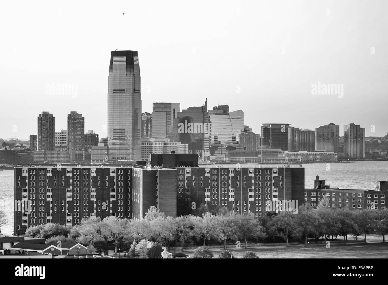 A view of 30 Hudson Street in Jersey City with the Governors island in the Upper New York Bay in New York City, USA. Stock Photo
