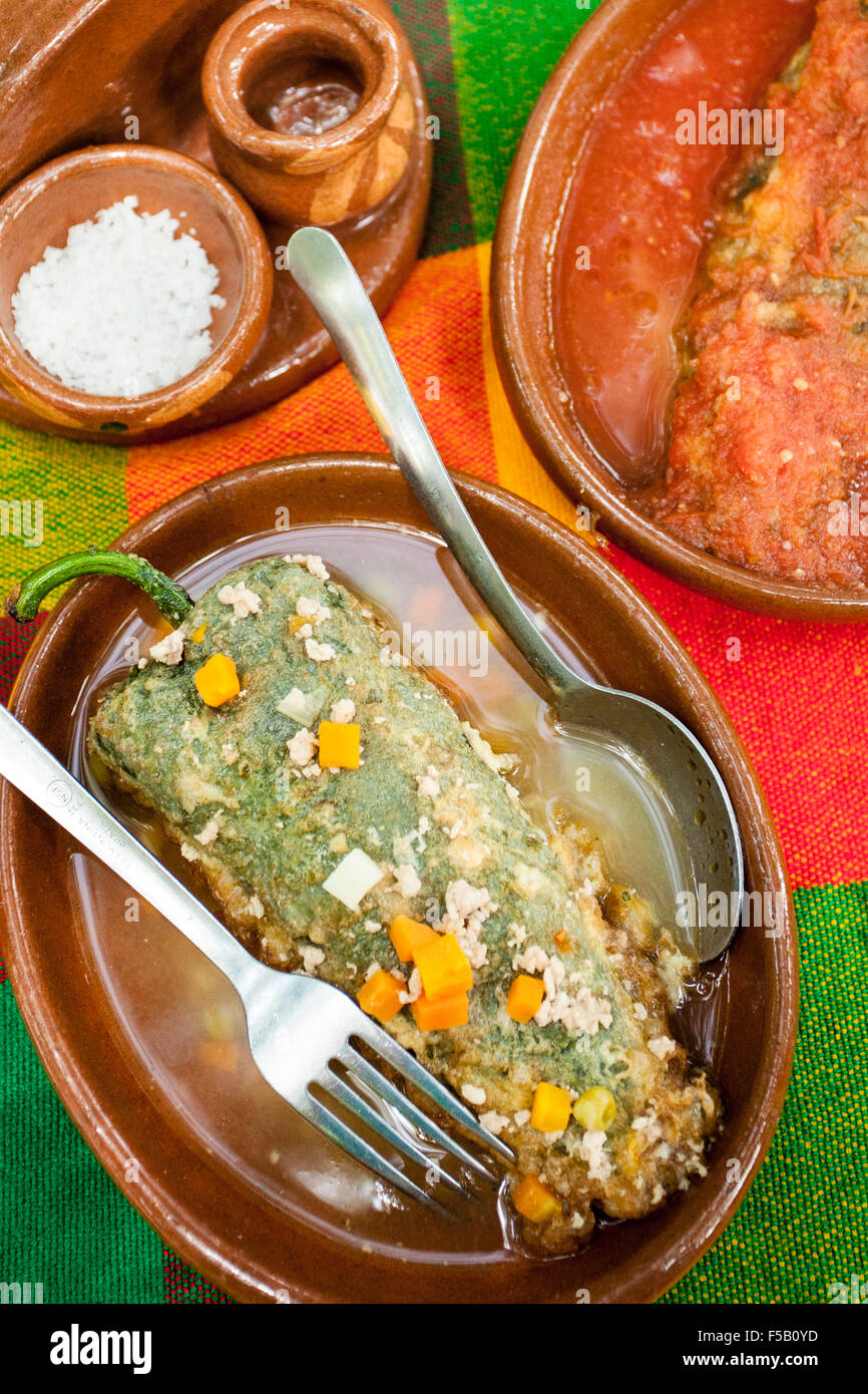 Stuffed peppers or chiles rellenos at a restaurant in Suchitlan, Colima, Mexico. Stock Photo