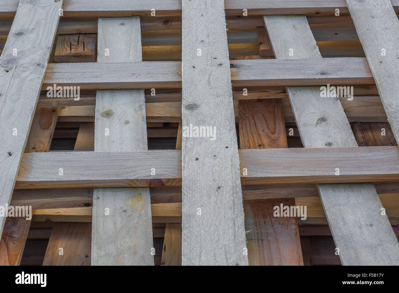 Frost covered wooden pallets / planking awaiting recycling Stock Photo