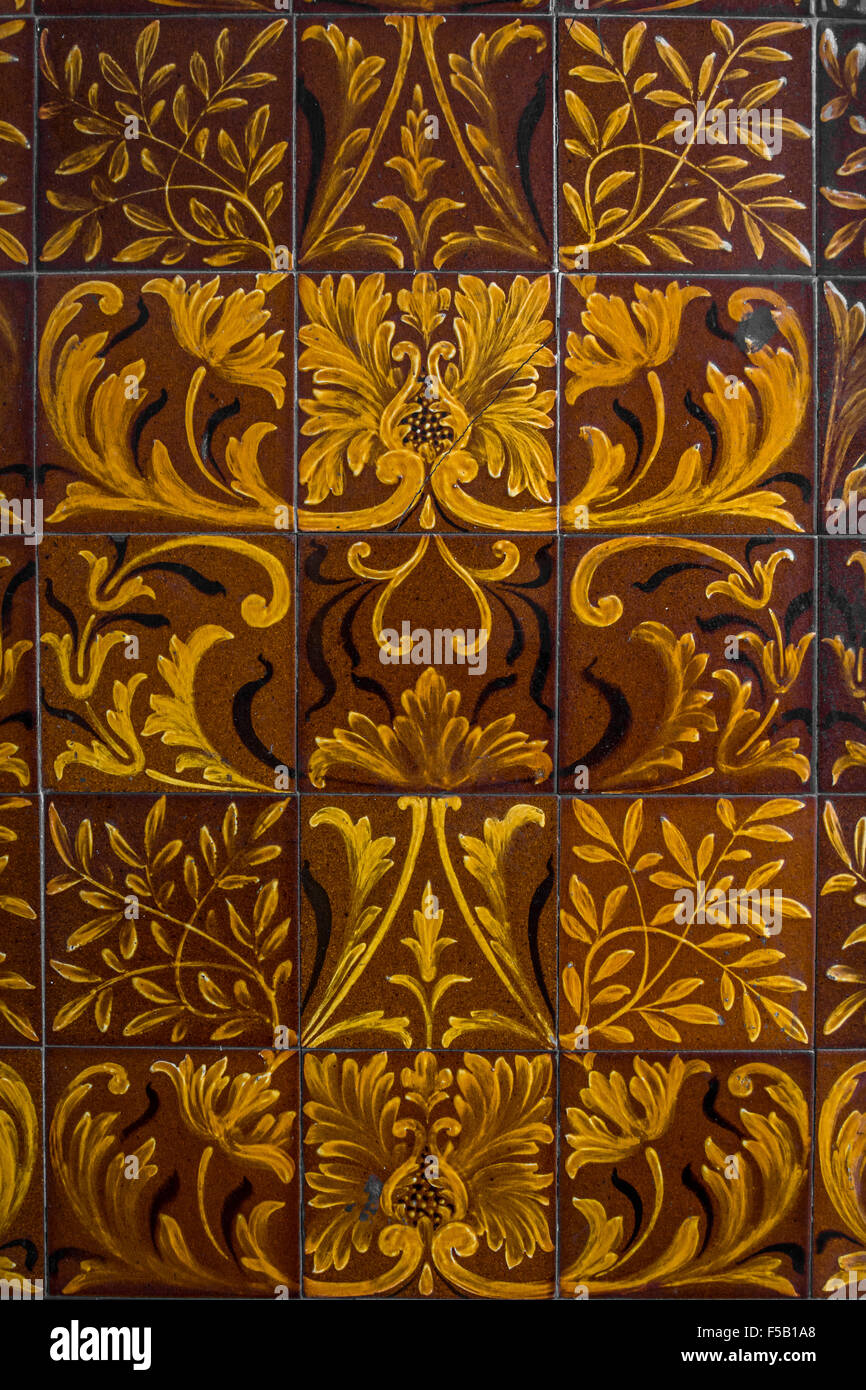 Section of old Victorian ceramic tiles in front porch of old house. Stock Photo