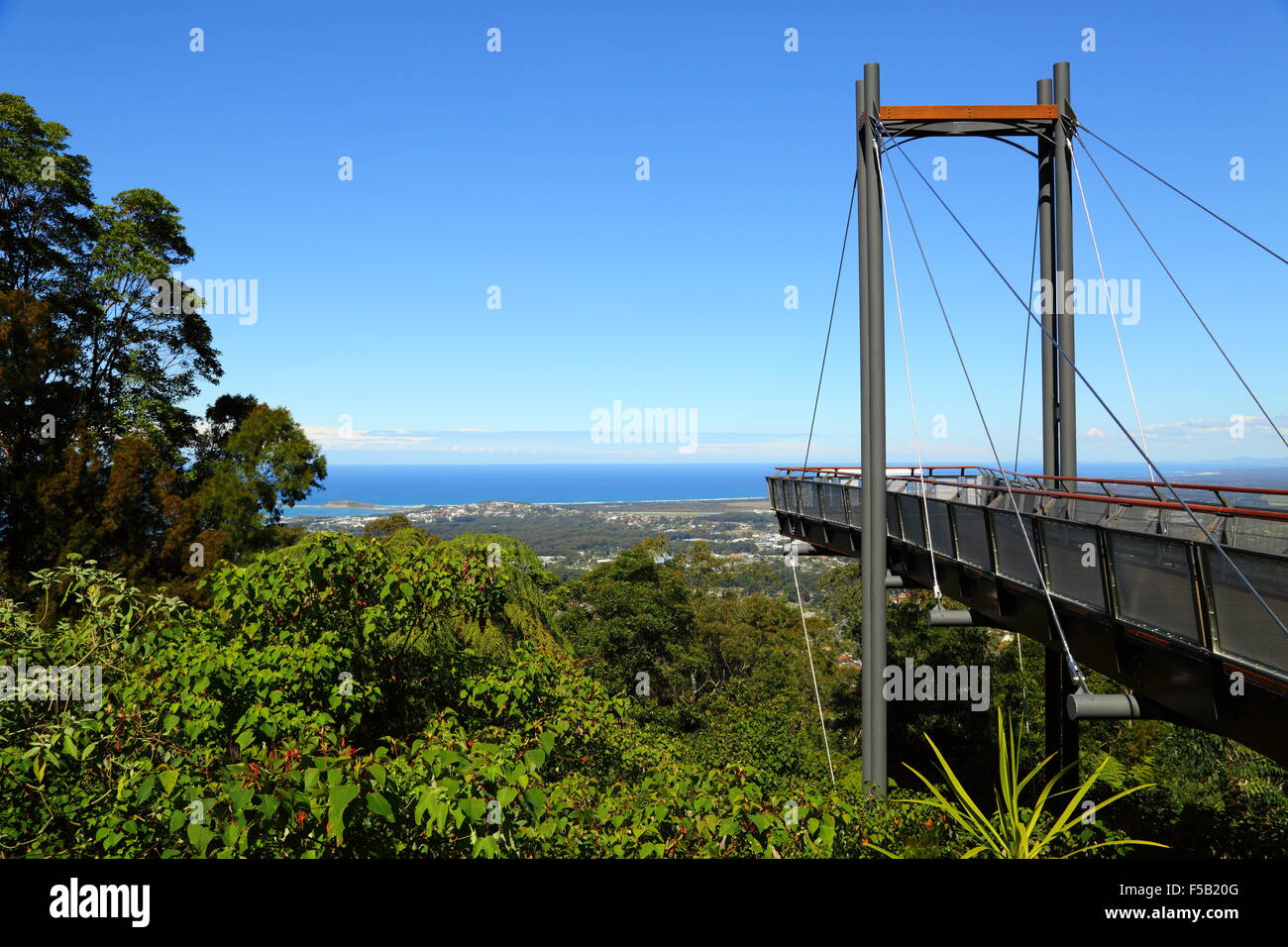 The Forest Sky Pier at Sealy Lookout affords wonderful views over Coffs Harbour and the Pacific Ocean coast in NSW, Australia. Stock Photo