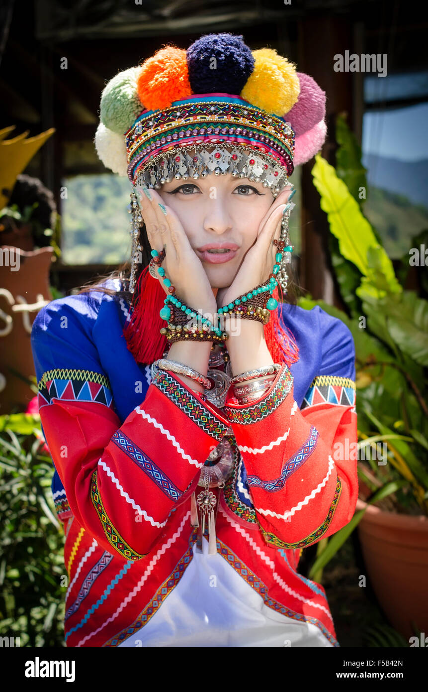 A girl from Tsou tribe in traditional dress; Taiwanese aboriginal culture Stock Photo