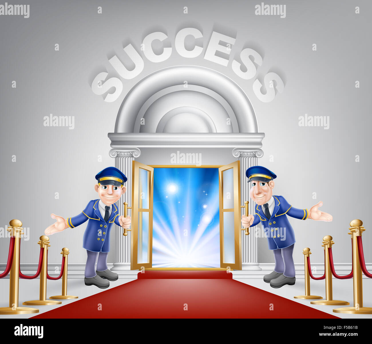 Success door concept of a doormen holding open a door at a red carpet entrance with velvet ropes. Light streaming through it, co Stock Photo