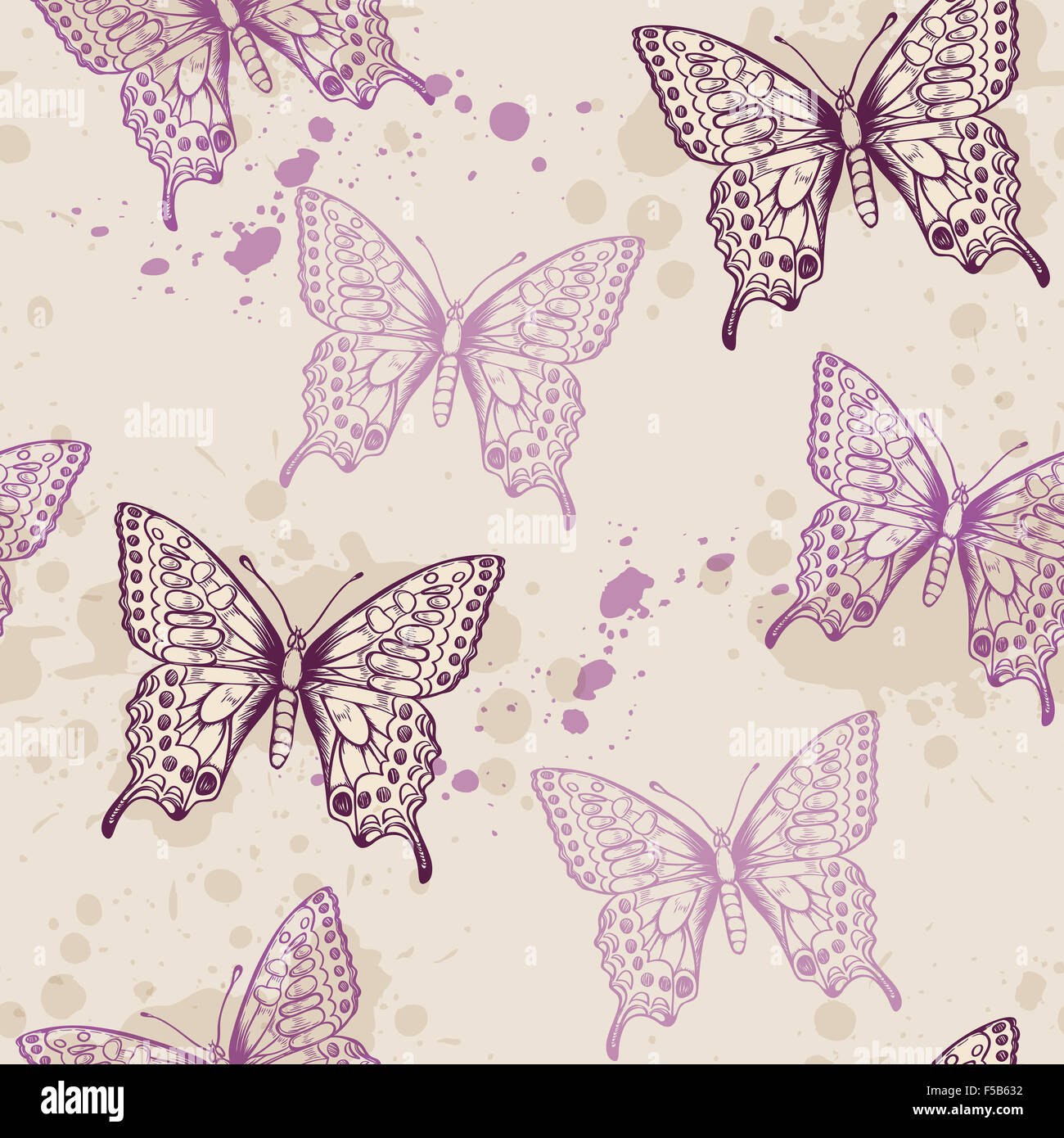 Vintage seamless pattern with violet butterflies and blots Stock Photo ...