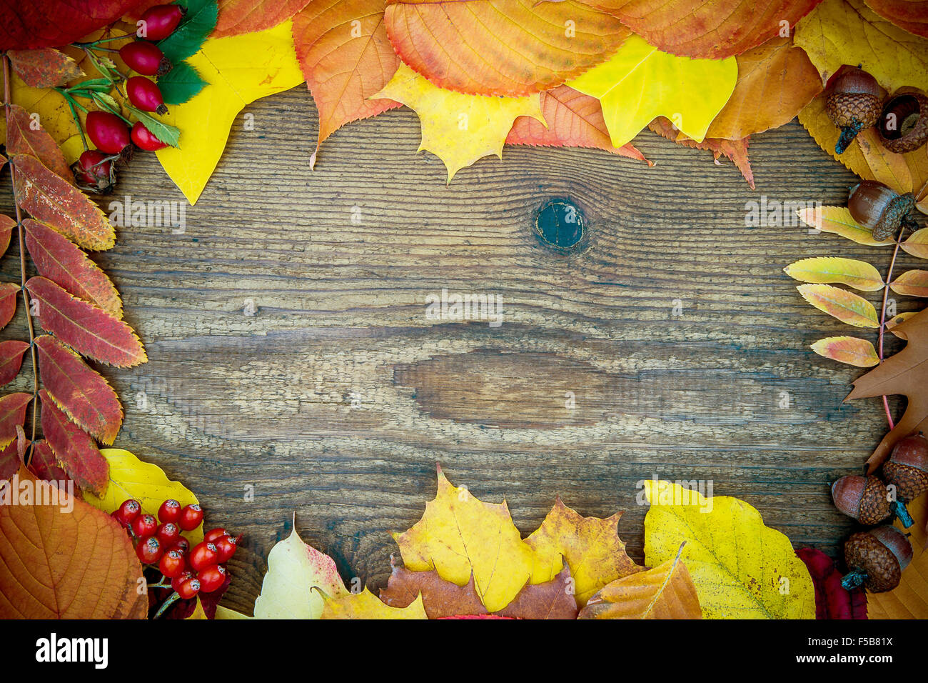 Old wooden board with autumn leaves, top view Stock Photo - Alamy