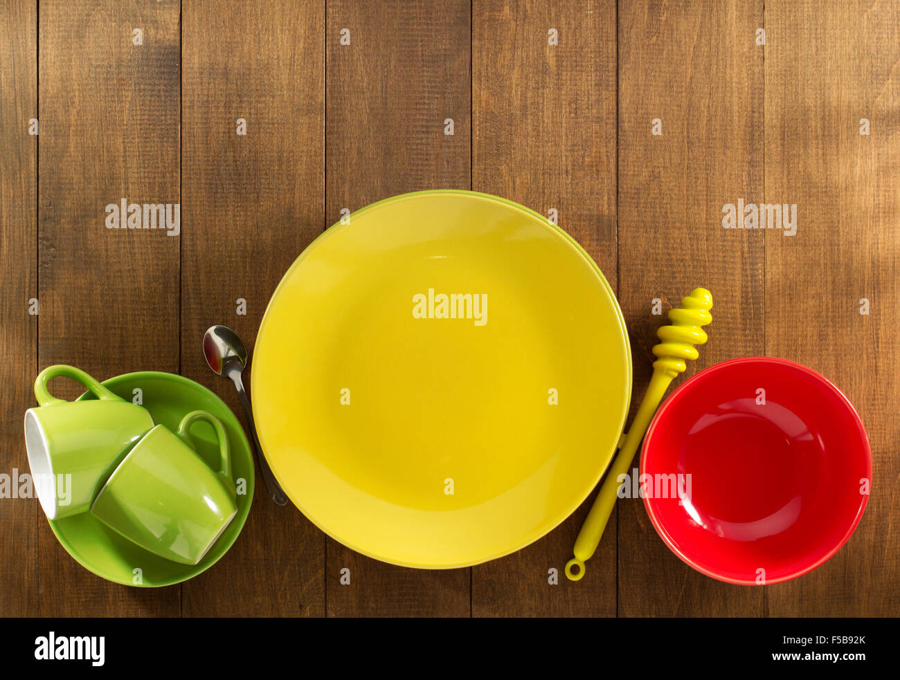 dishes set on wooden background Stock Photo Alamy