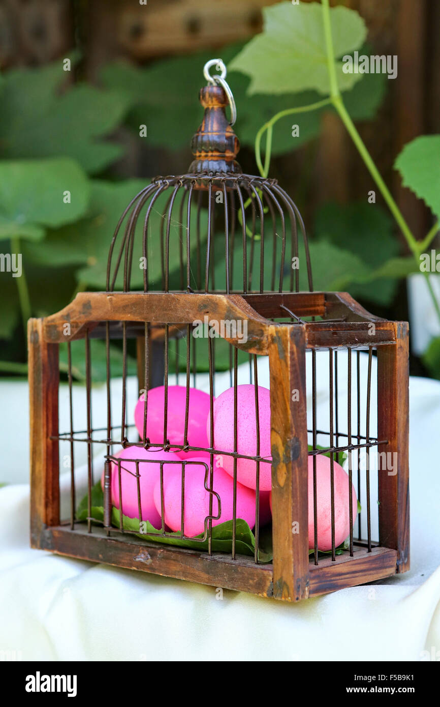 red hard boiled eggs (dyed with beetroot) in a birds cage. A good start for Easter eggs (dyed with beetroot) This image has a re Stock Photo