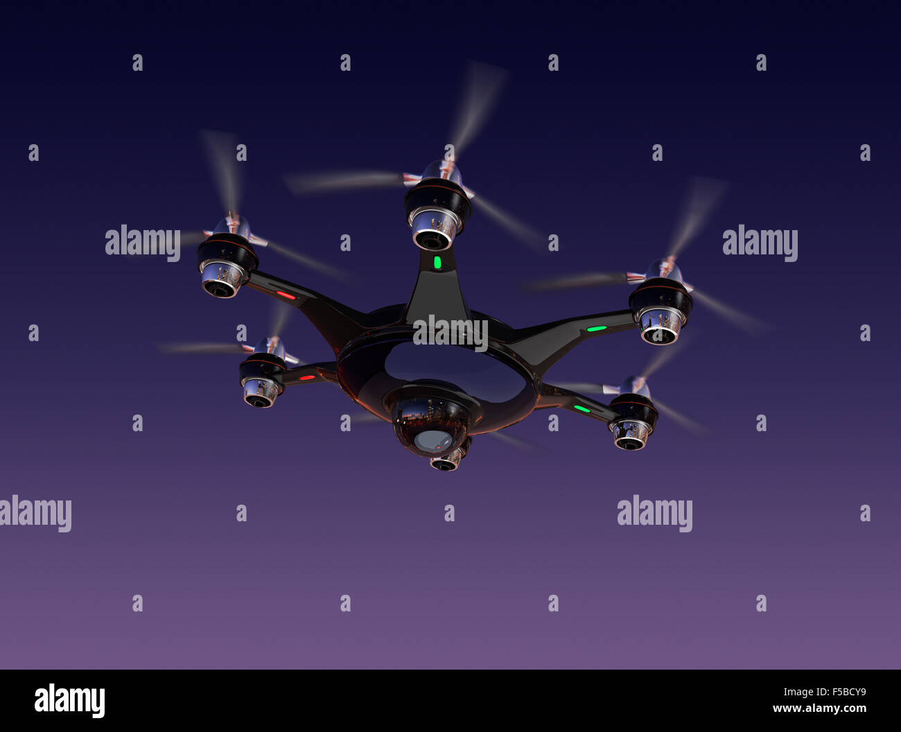 Drone with surveillance camera flying in night sky. Security system