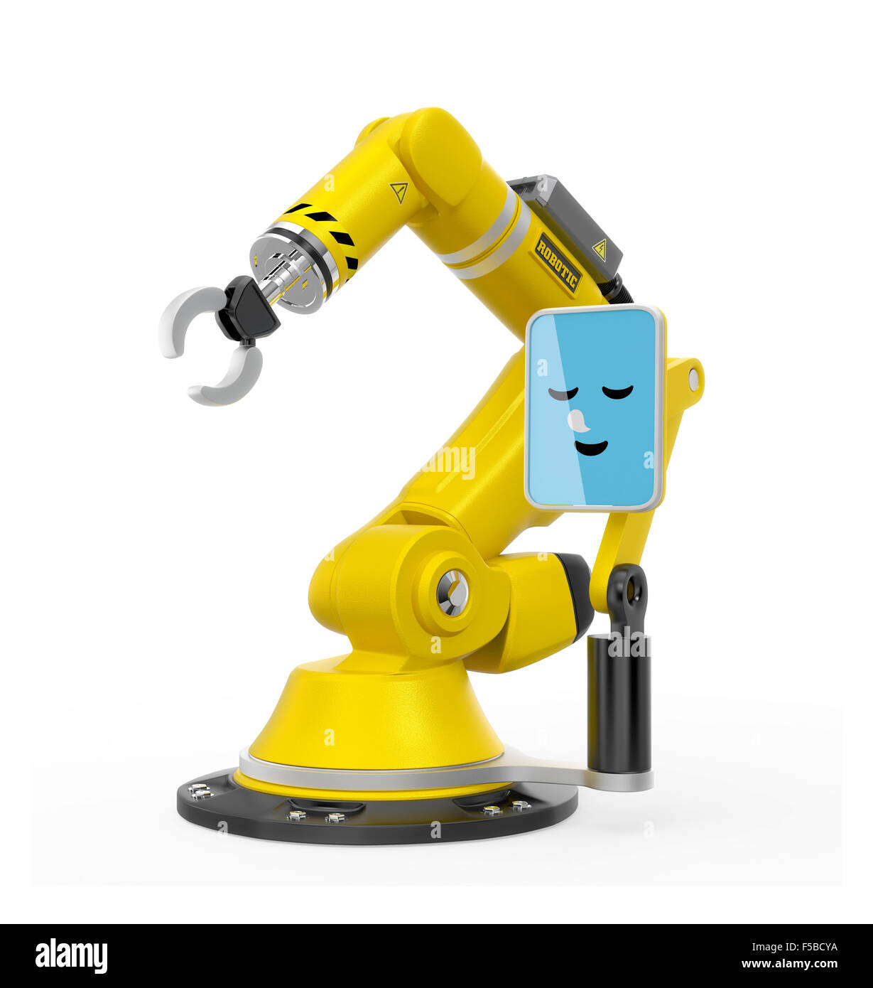 Robotic arm with monitor which showing smile face icon. User friendly  interface easy to control the machine. Original design Stock Photo - Alamy