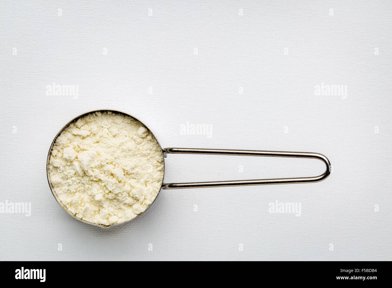 measuring metal scoop of whey protein powder against rustic white art