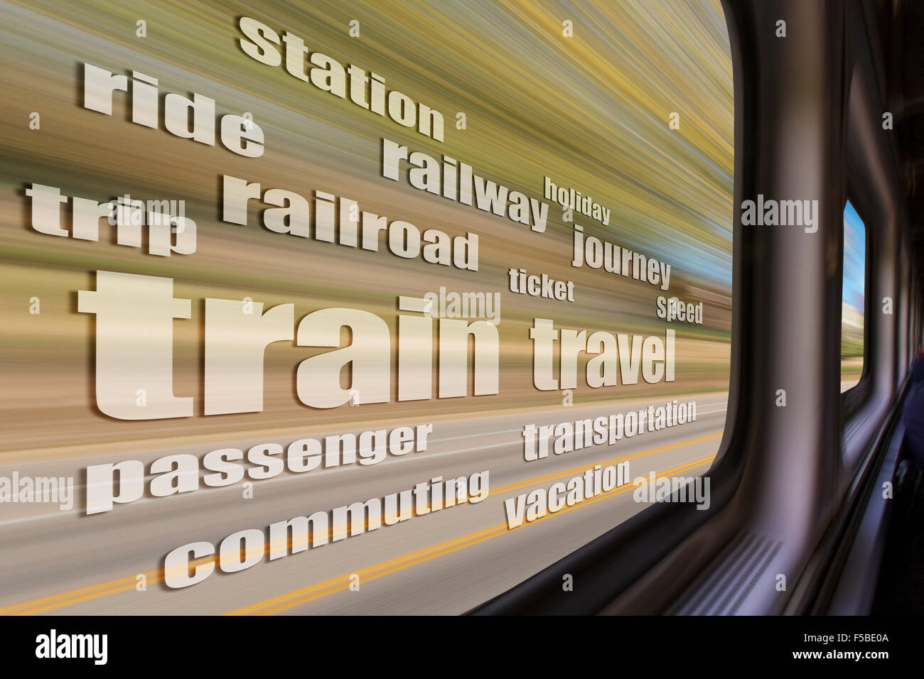 train travel word cloud against blurred  landscape as seen from a  train window in motion - trip concept Stock Photo