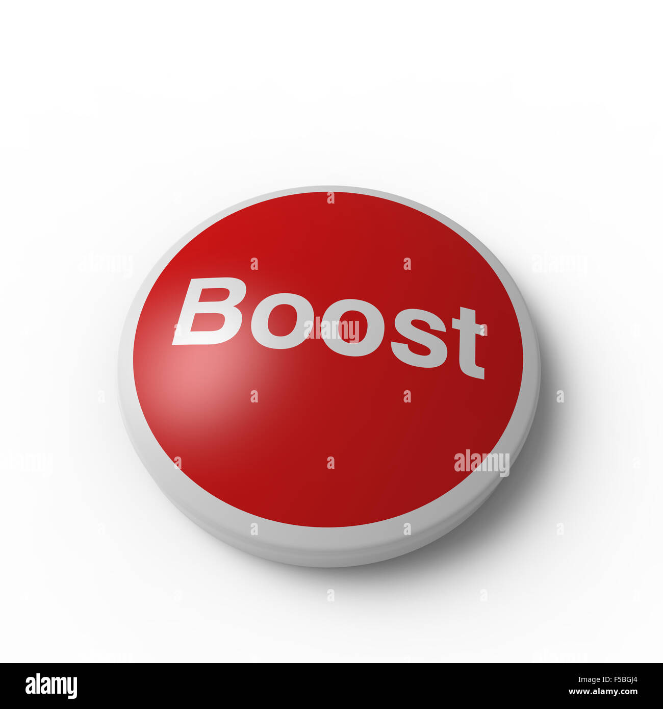 red circular boost button with a curved surface on a white background Stock Photo