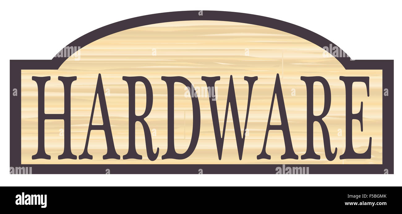 Hardware store stylish wooden store sign over a white background Stock Photo