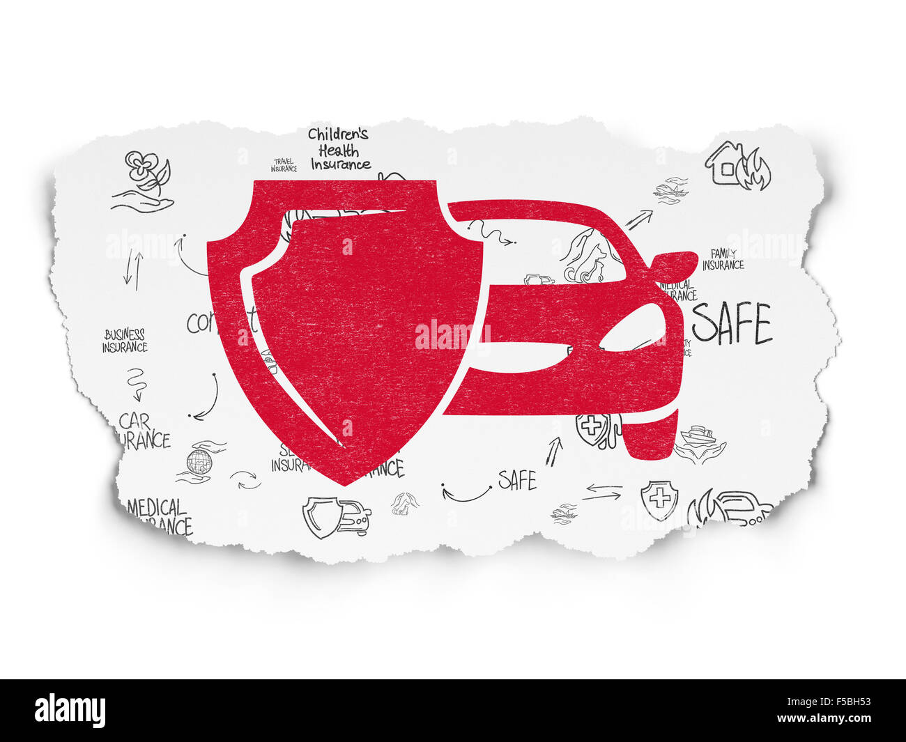 Insurance concept: Car And Shield on Torn Paper background Stock Photo ...