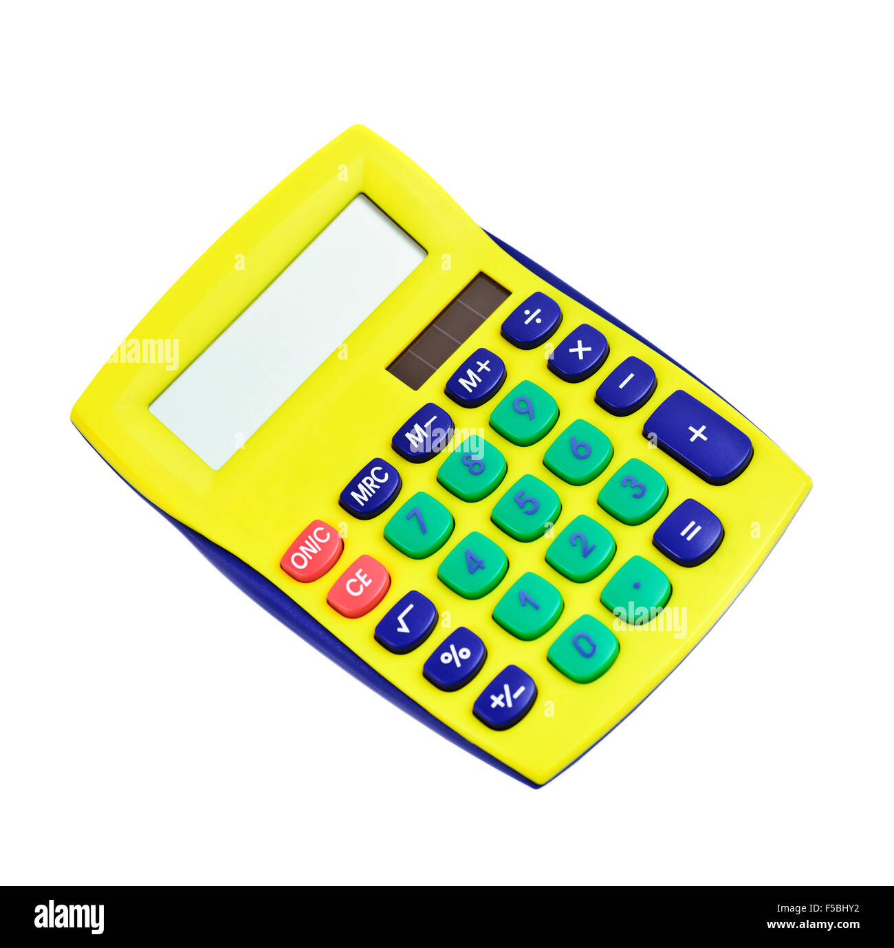 Modern calculator yellow colored isolated on white Stock Photo
