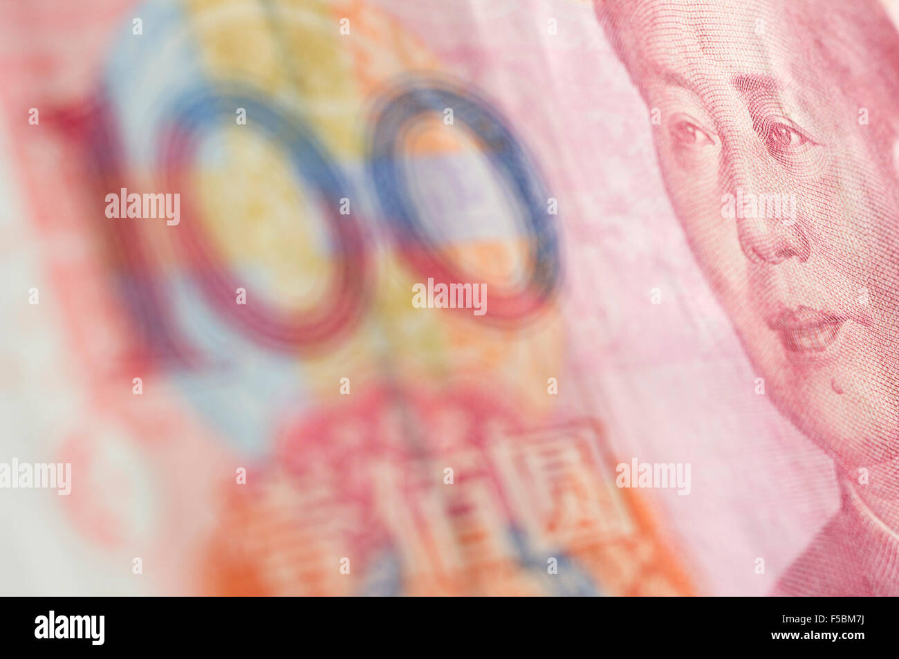 Macro-shot for Renminbi (RMB) , 100 hundred dollar. Mao's eyes gaze at the number '100'. Stock Photo