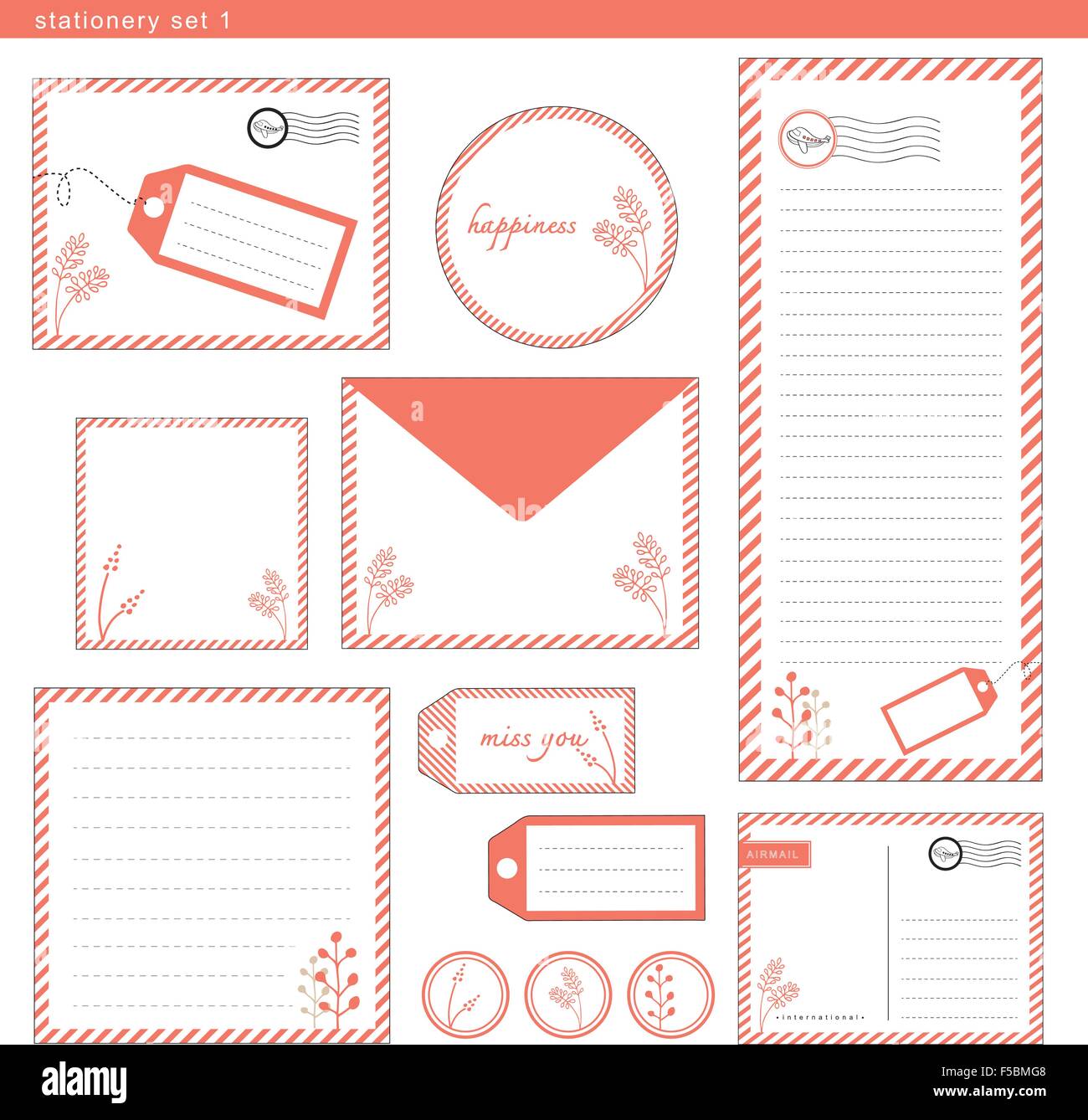 Stationery set 1 coral color stripe , paper, envelope Stock Vector