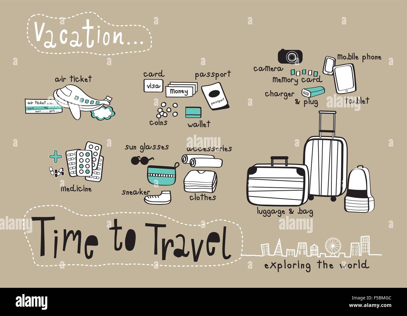 Time to Travel Doodle & Exploring the World Brown background, Things to prepare for Vacation Stock Vector
