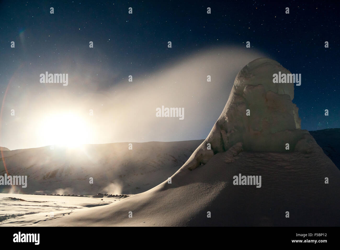 Puga Hot Spring The frozen hot spring geyser at Puga in a starry moonlit night Stock ...
