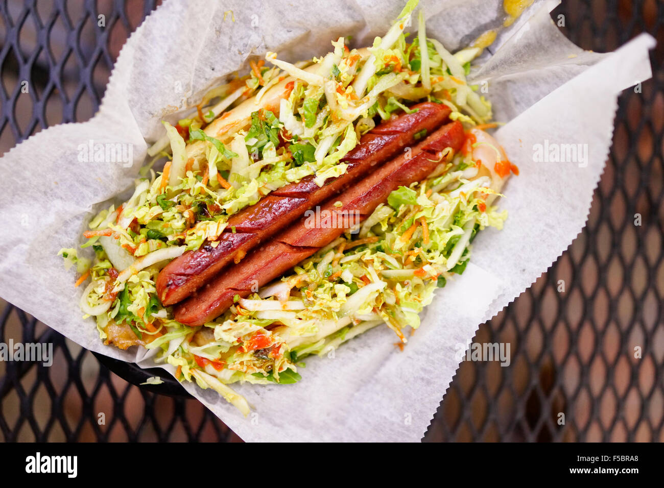 Garbo’s Grill Food Cart, Kogidog, Key West Florida USA, 1/4 pound national deli all beef hot dog, house made kimchi, sesame mayo Stock Photo