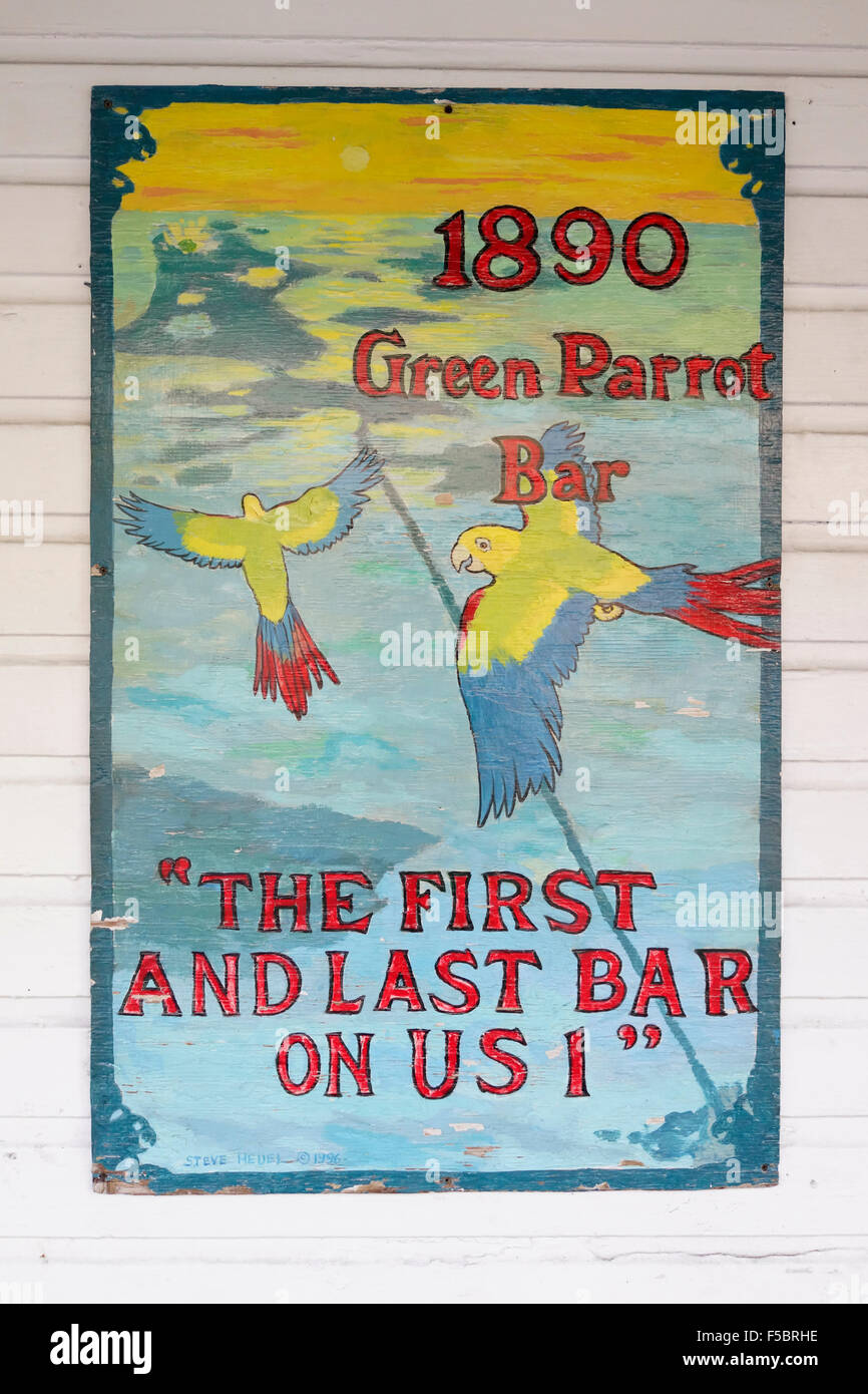 Green Parrot Bar sign, “First and Last Bar on US 1” Landmark Bar opened 1890 Stock Photo