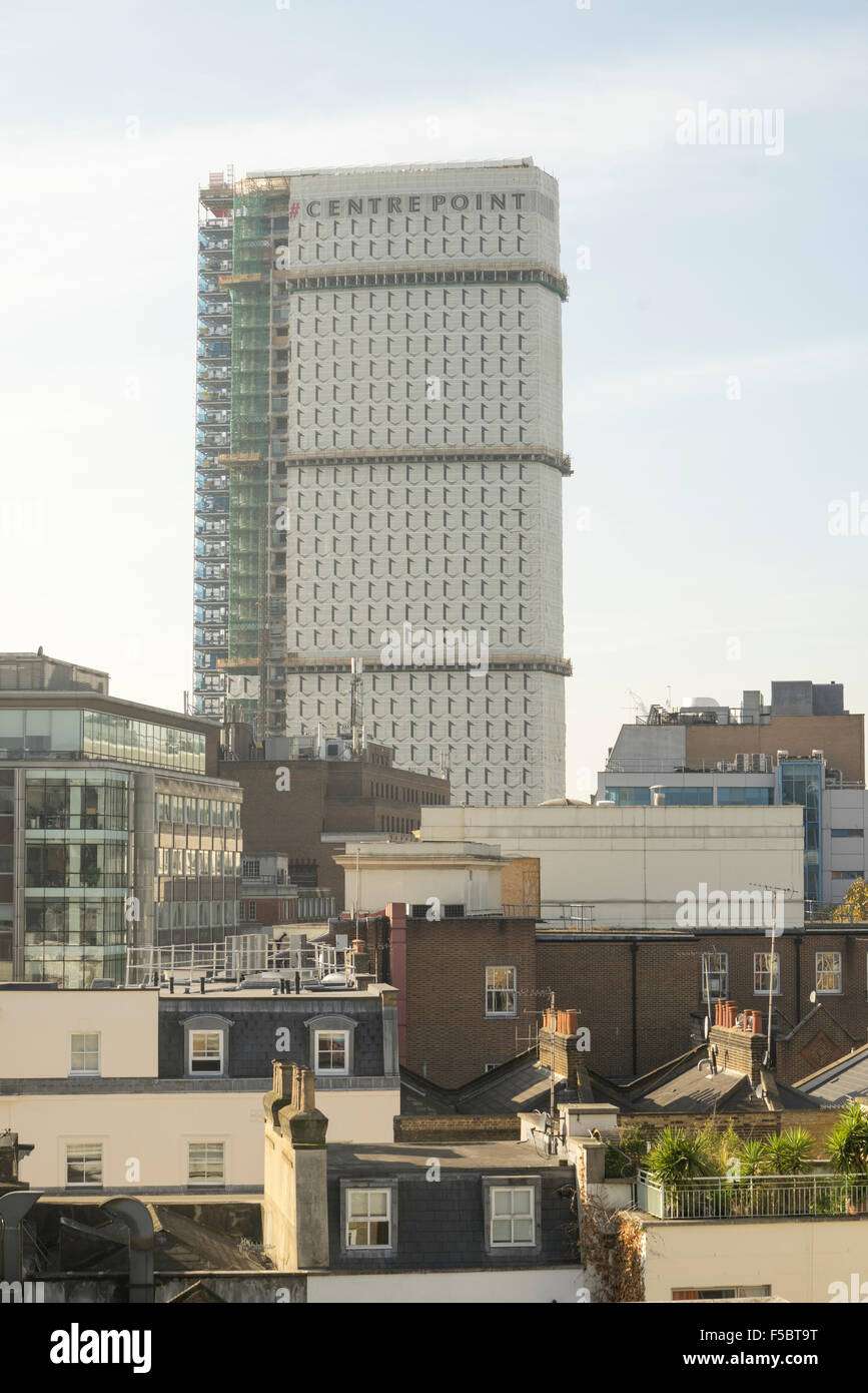 London's Centre Point tower under refurbishment in late 2015 as seen from the east side along New Oxford Street Stock Photo