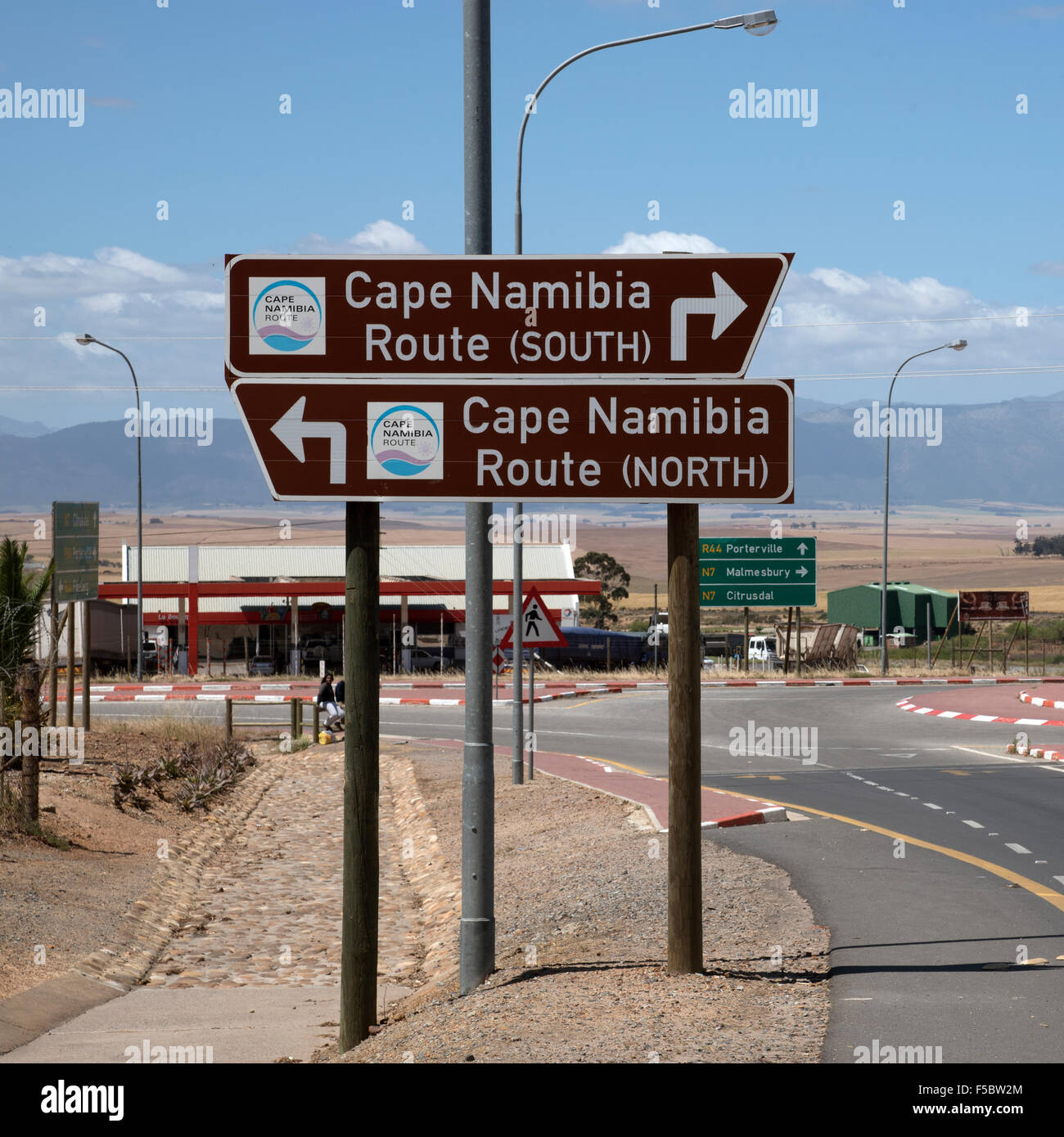 Brown tourist sign for the N7 Highway the Cape Namibia route, Swartland region South Africa Stock Photo