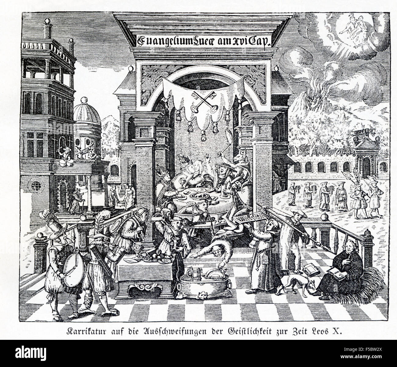 This illustration is a caricature of the spiritual debauchery of the clergy at the time of Pope Leo X (1513-1521). He granted indulgences to those who contributed to the building fund for St. Peter's Basilica. During his time as Pope, the Protestant Reformation began. Stock Photo