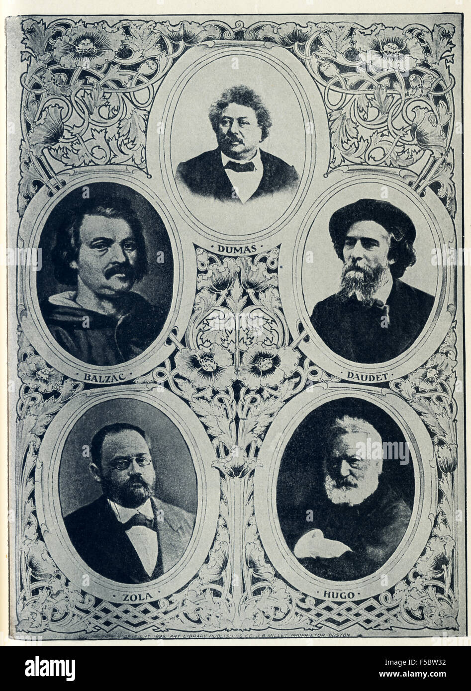 The French authors shown here are: Alexandre Dumas (1802-1870), Honore de Balzac (1799-1850), Alphonse Daudet (1840-1897), Emile Zola (1840-1902), Victor Hugo (1802-1885). Stock Photo