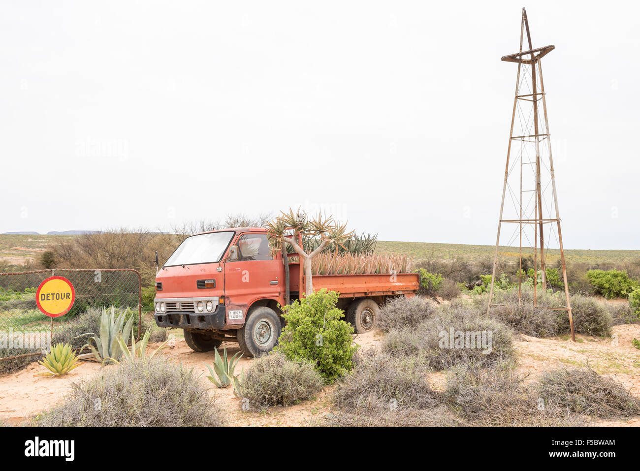 VANRHYNSDORP, SOUTH AFRICA - AUGUST 12, 2015: A display of a vehicle with aloes and quiver trees next to the road between Vanrhy Stock Photo