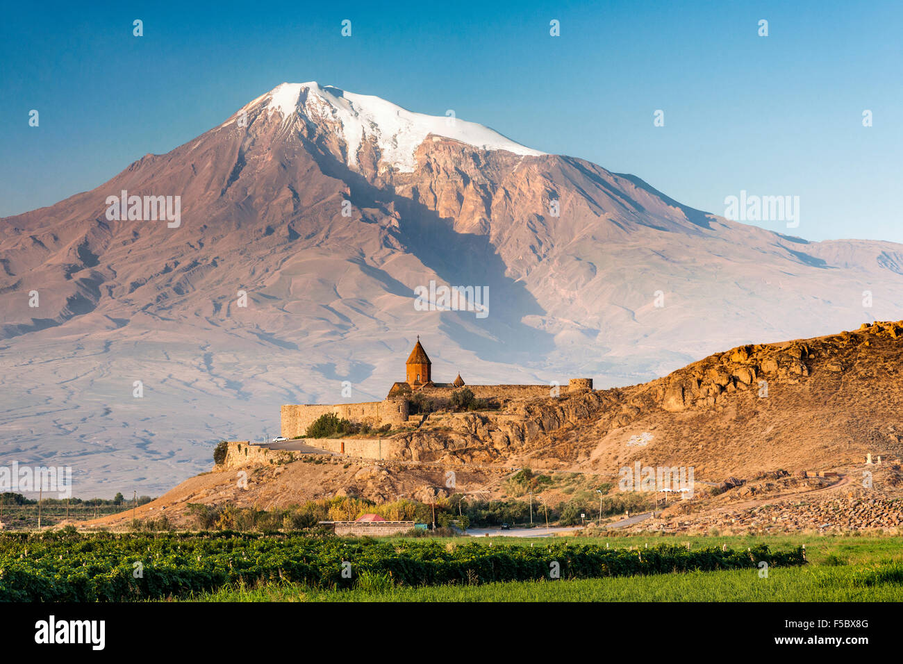 Khor Virap monastery in Armenia and Mount Ararat in Turkey. Stock Photo