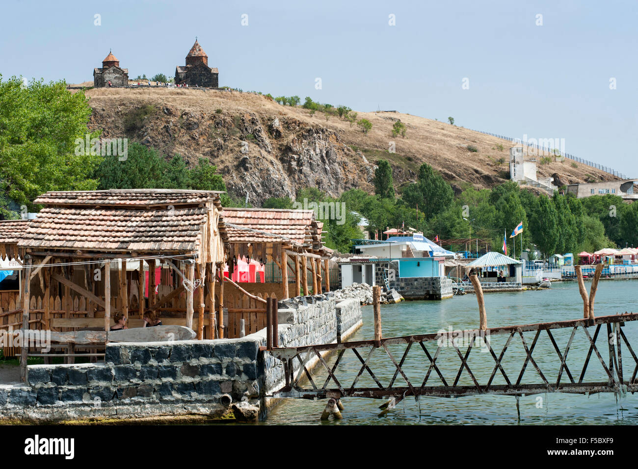 View of Sevanavank monastery from the shores of Lake Sevan in Armenia. Stock Photo