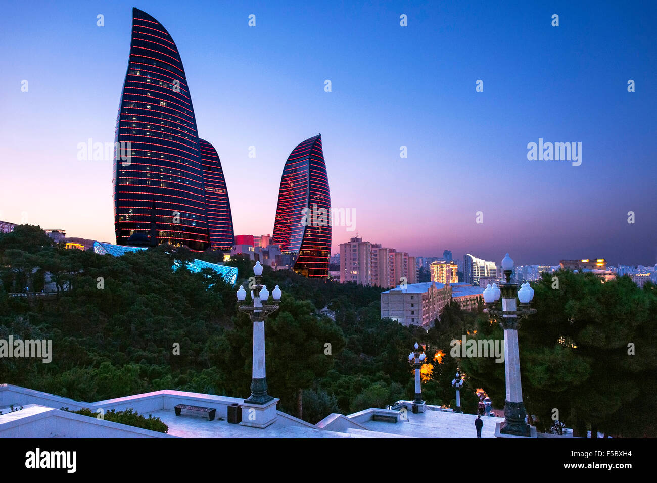 Baku's Flame Towers viewed from Dağüstü park at dusk. Stock Photo