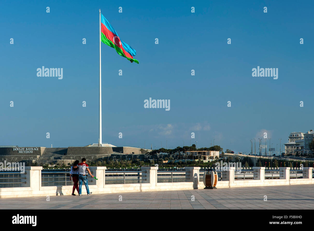 The flag of Azerbaijan in National Flag Square seen from the Baku promenade. Stock Photo