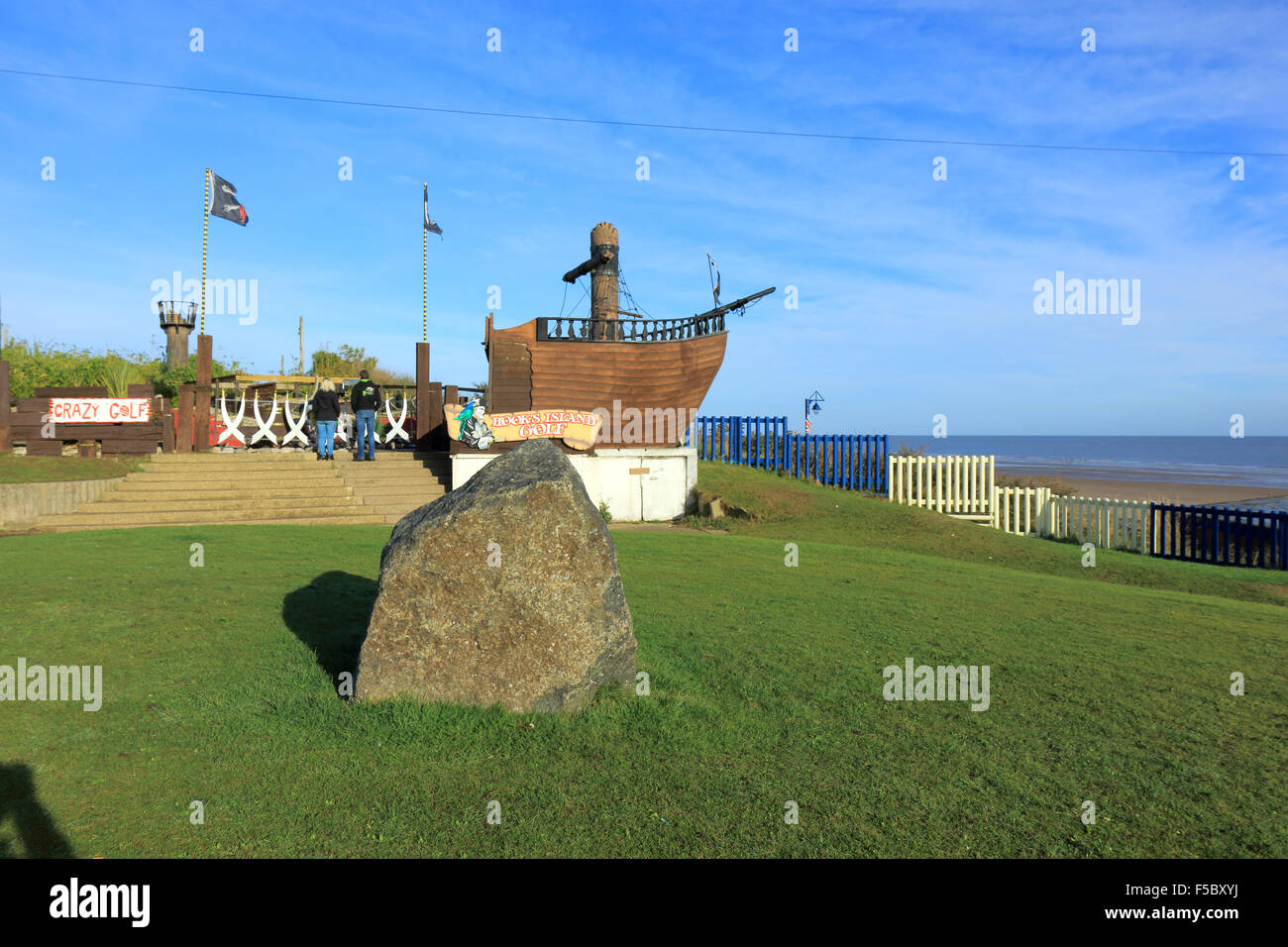 A playtime Pirate ship by the beach in Maplethorpe Stock Photo