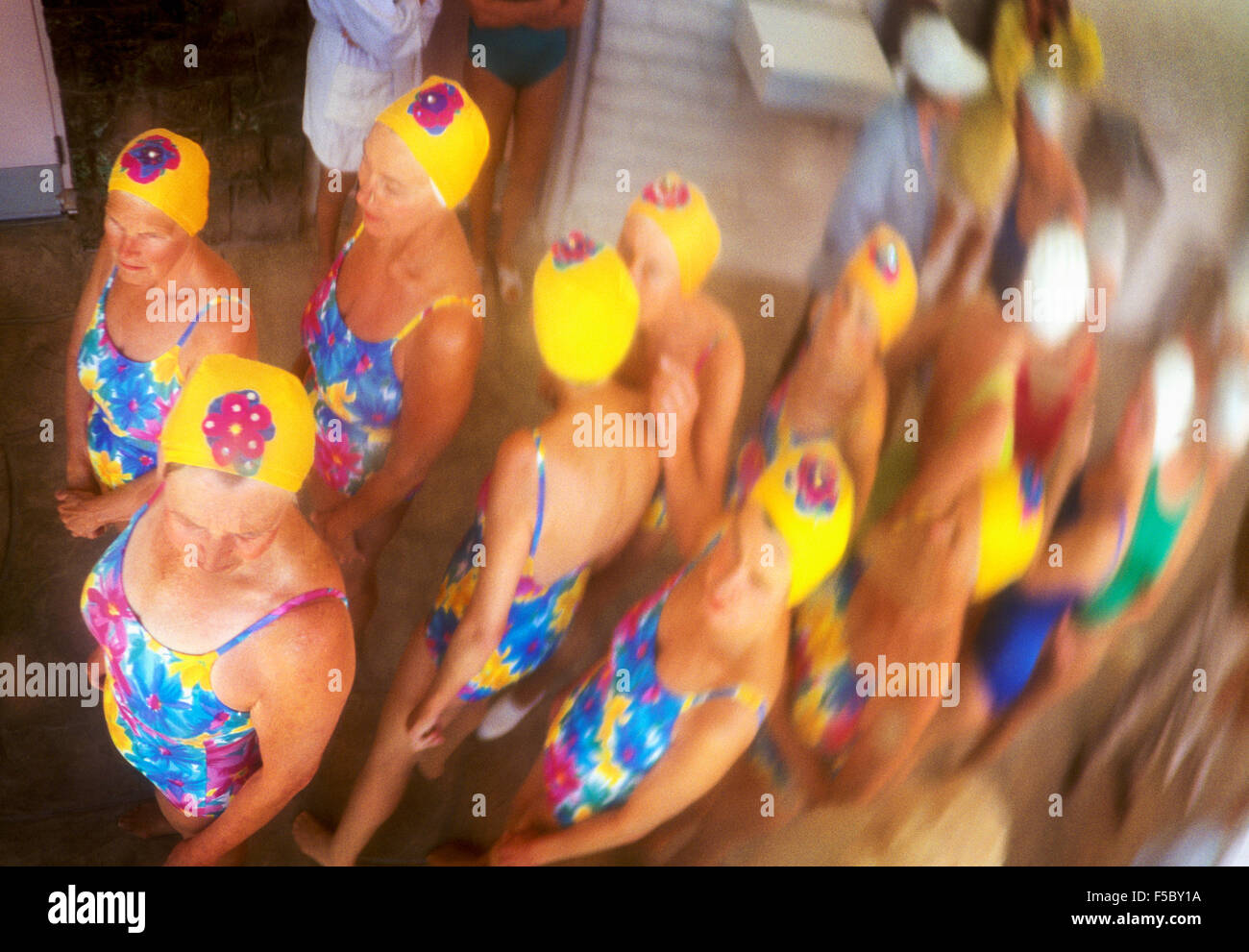 Sun City Aqua Suns reflection in mirror, waiting to perform.  Sun City, Arizona. Stock Photo