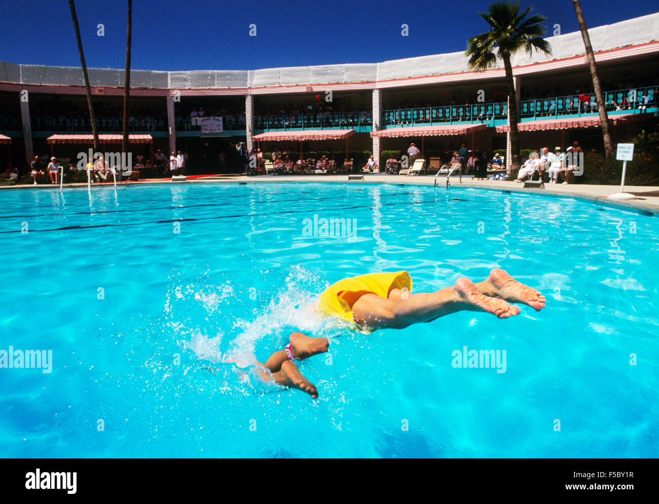 Sun City Aqua Suns diving in pool.  Sun City, Arizona. Stock Photo