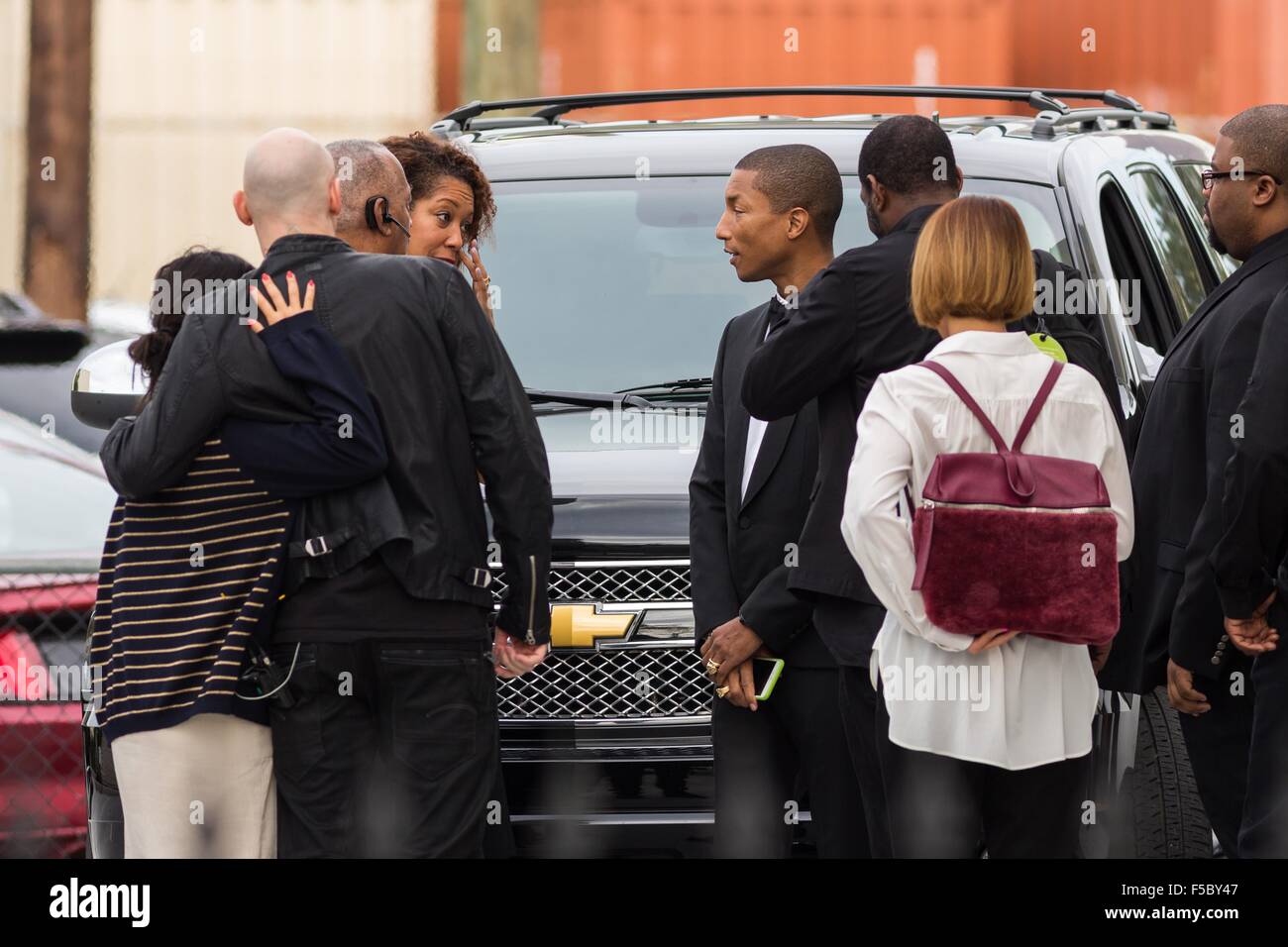 Superstar Pharrell Williams arrives at the historic Mother Emanuel AME Church to perform with the Gospel Choir during Sunday service November 1, 2015 in Charleston, South Carolina. The church was the site of the mass shooting that killed nine-people in June 2015 and will be featured as part of a program on race relations being produced by A+E Networks. Stock Photo
