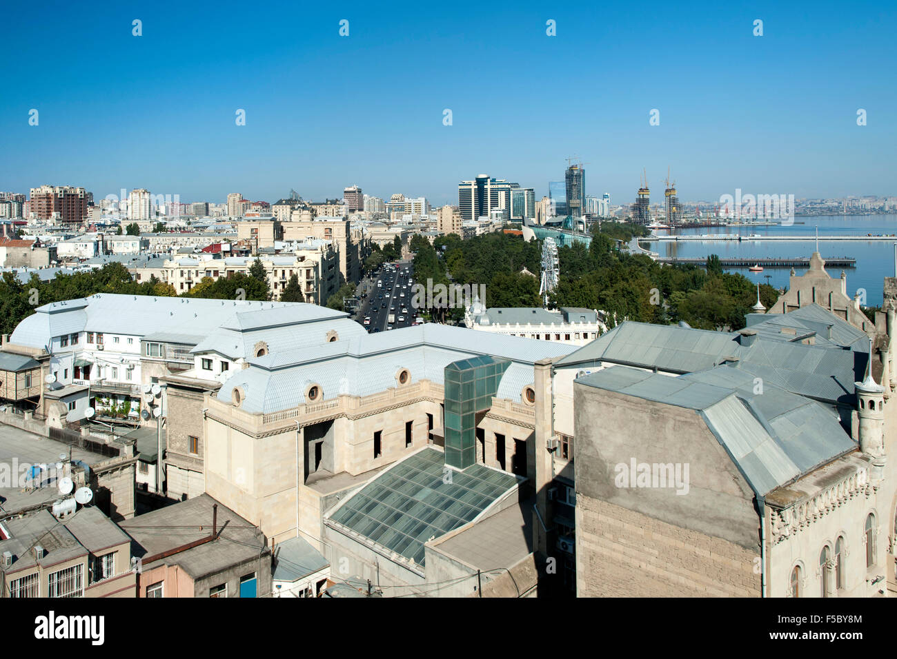 View from Maiden Tower looking down Neftcilar Avenue and across the rooftops of Baku, the capital of Azerbaijan. Stock Photo