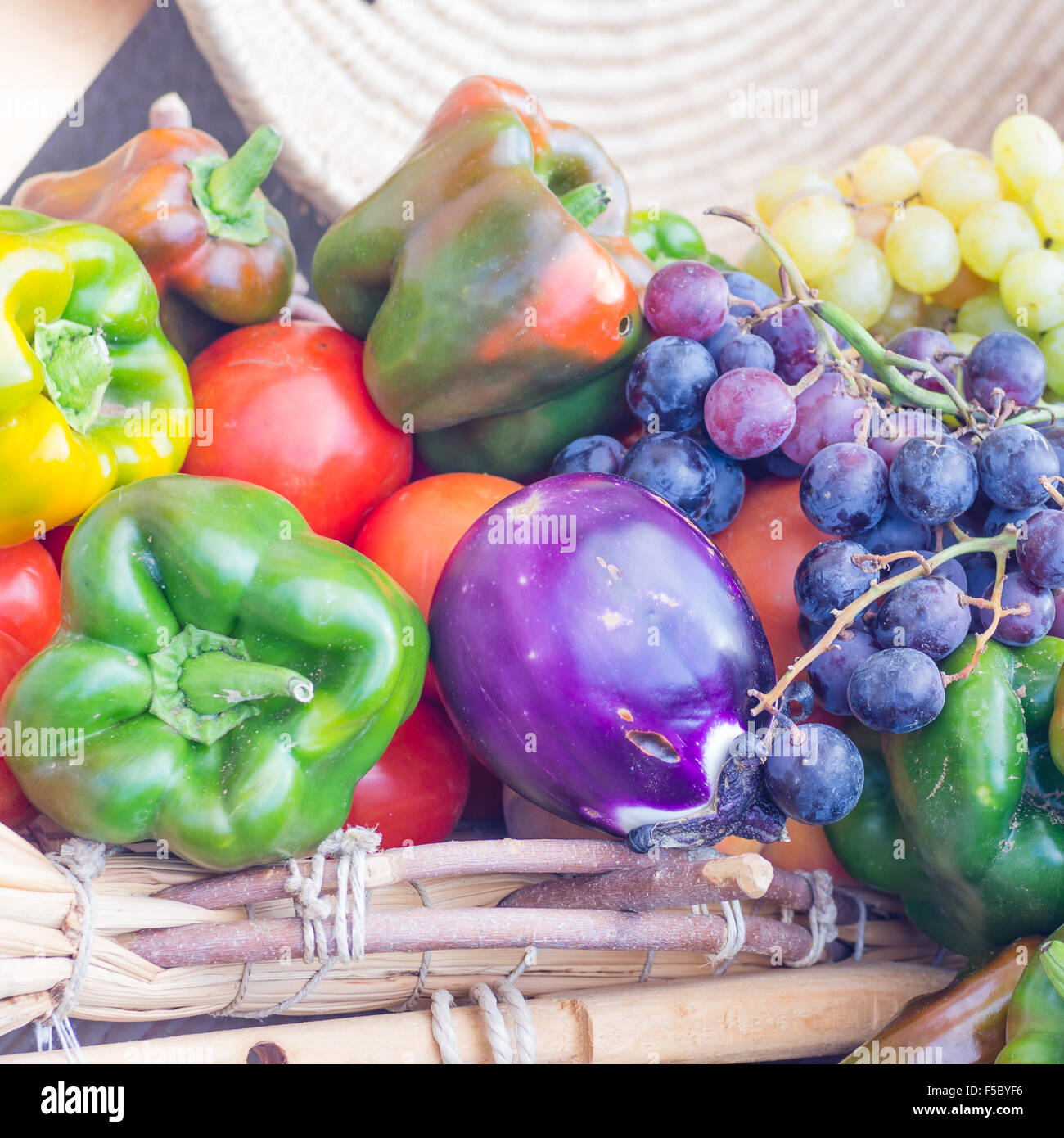 eggplant peppers grapes. Fruits and vegetables in season exposed in a street market Stock Photo