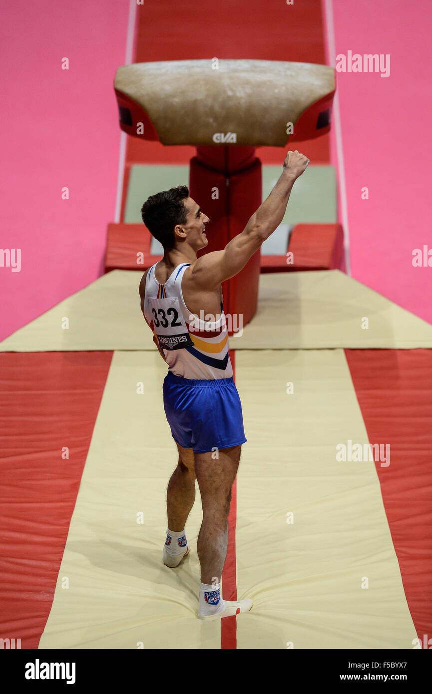 Nov. 1, 2015 - Glasgow, United Kingdom - MARIAN DRAGULESCU from Romania competes on the vault during the last day the event finals of the 2015 World Gymnastics Championships held in Glasgow, United Kingdom.   DRAGULESCU won the silver medal for his vault. (Credit Image: © Amy Sanderson via ZUMA Wire) Stock Photo