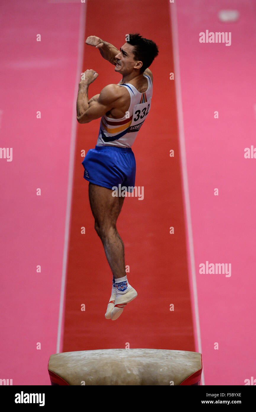 Nov. 1, 2015 - Glasgow, United Kingdom - MARIAN DRAGULESCU from Romania competes on the vault during the last day the event finals of the 2015 World Gymnastics Championships held in Glasgow, United Kingdom.   DRAGULESCU won the silver medal for his vault. (Credit Image: © Amy Sanderson via ZUMA Wire) Stock Photo