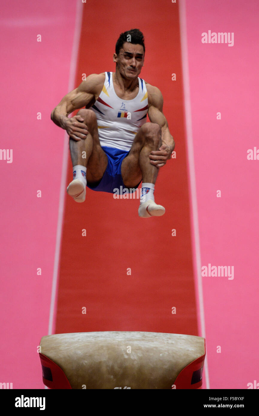 Nov. 1, 2015 - Glasgow, United Kingdom - MARIAN DRAGULESCU from Romania competes on the vault during the last day the event finals of the 2015 World Gymnastics Championships held in Glasgow, United Kingdom.   DRAGULESCU won the silver medal for his vault. (Credit Image: © Amy Sanderson via ZUMA Wire) Stock Photo