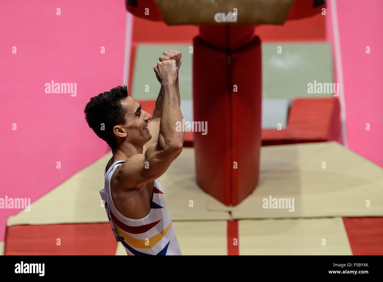 Nov. 1, 2015 - Glasgow, United Kingdom - MARIAN DRAGULESCU from Romania competes on the vault during the last day the event finals of the 2015 World Gymnastics Championships held in Glasgow, United Kingdom.   DRAGULESCU won the silver medal for his vault. (Credit Image: © Amy Sanderson via ZUMA Wire) Stock Photo